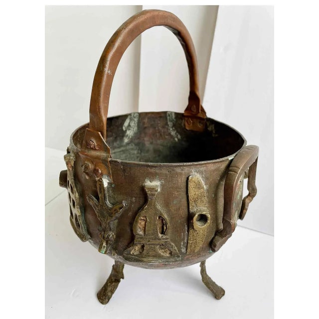Rustic Copper Pot With Brass Accents and Handle For Sale - Image 3 of 7