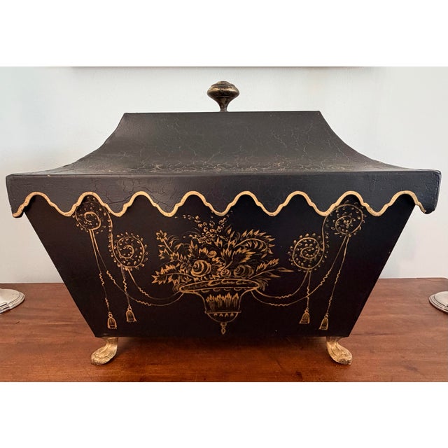 Chinoiserie Style Gilt Decorated Black Tole Box With Scalloped Lid by Sarreid For Sale - Image 12 of 12