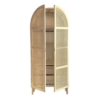 Boho-Chic Arched Natural Rattan & Solid Wood Double-Door Wardrobe Armoire For Sale