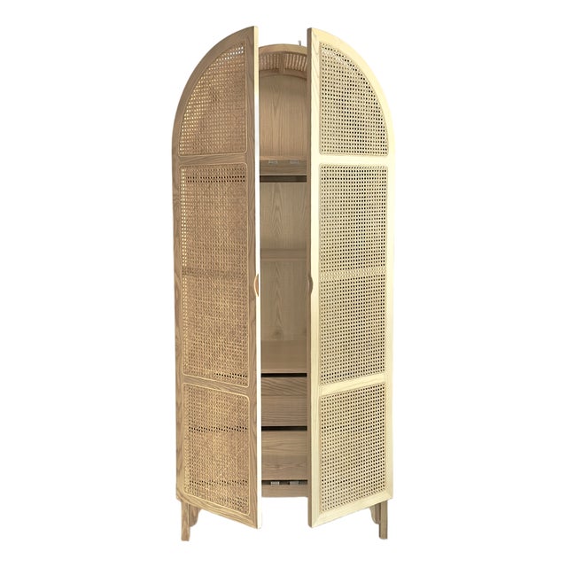 Boho-Chic Arched Natural Rattan & Solid Wood Double-Door Wardrobe Armoire For Sale