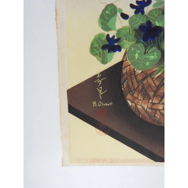 Mid 20th century still life on paper woodblock print by Bakufu Ohno (1888-1976) Japan. Still life includes iris, lily and...