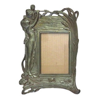 Antique Art Nouveau Picture Frame Woman With Flower Fits 6" X 4 1/2" Photo For Sale