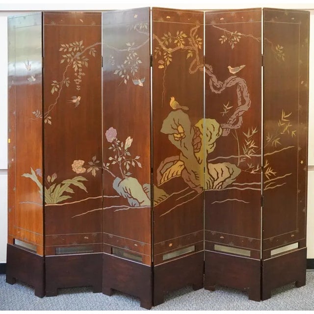 A rare Six-panel double sided Coromandel Asian Screen on stand. Each panel seats in a removable custom wood stand / shoe....