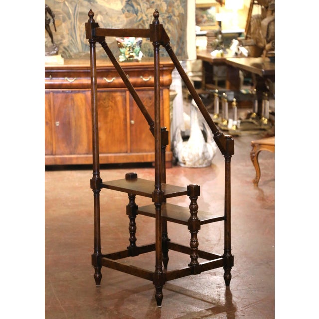 Wood Mid-Century French Louis XIII Style Oak Library Two-Step Ladder For Sale - Image 7 of 8