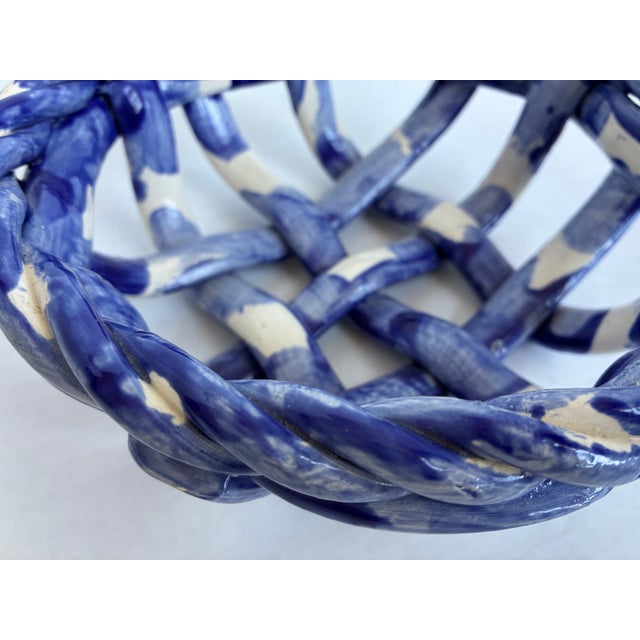 Vintage Blue White Ceramic Pottery Basket Weave Bowl For Sale - Image 6 of 9