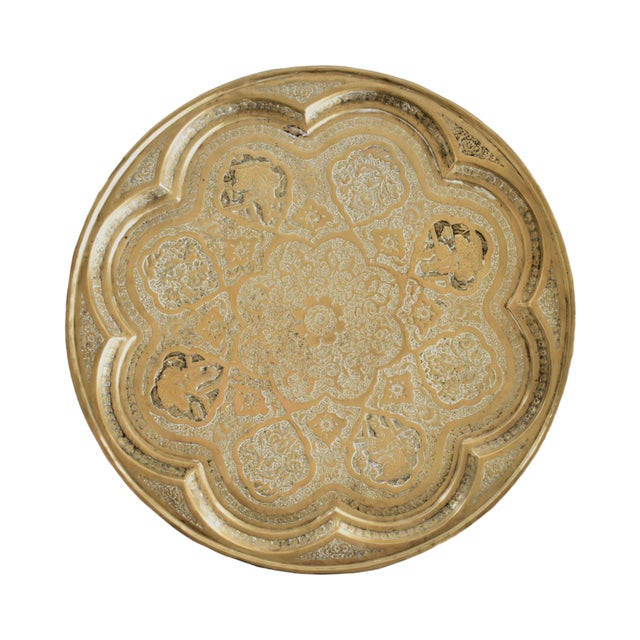 Indian Antique Early-20th-Century Indo-Persian Hammered Brass Round Tray For Sale - Image 3 of 8