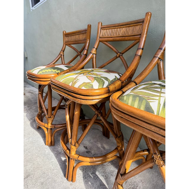 1960s Rare Trio of X-Back Bamboo Swivel Counter Stools (3) - Refurbished and Reupholstered For Sale In Miami - Image 6 of 12