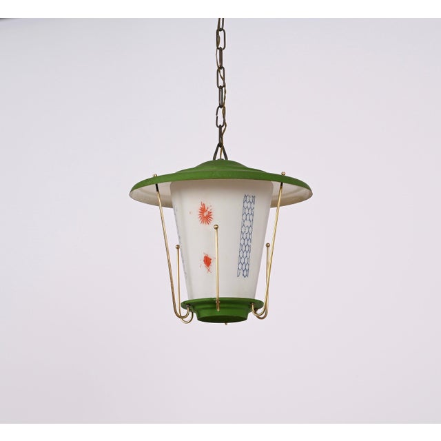 Mid-Century Italian Round Opaline Glass and Brass Green Lantern Chandelier, 1950s For Sale - Image 14 of 18