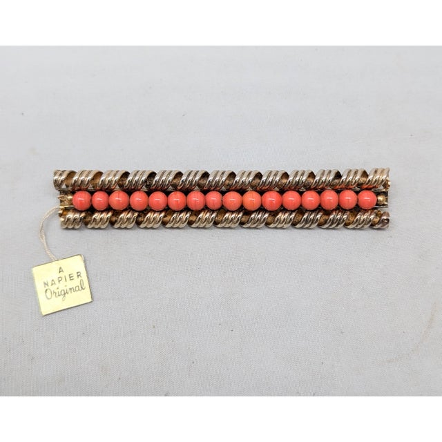 Mid-Century Modern Vintage 1960s Signed Napier Goldtone & Faux-Coral Beaded Bar Brooch For Sale - Image 3 of 7