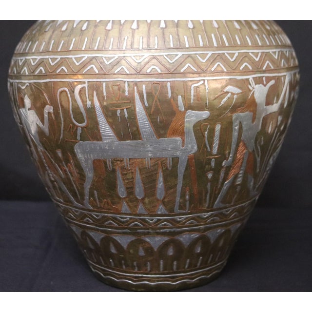 Large Vintage Egyptian Cairo Ware Brass Vase With Copper & Silver-Tone Inlay, Mid-Century, 11.75" H For Sale In New York - Image 6 of 11