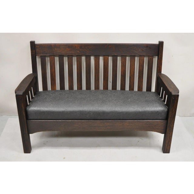 Antique Arts & Crafts Mission Oak Stickley Style 14 Slatted Bench Settee Sofa For Sale - Image 12 of 14