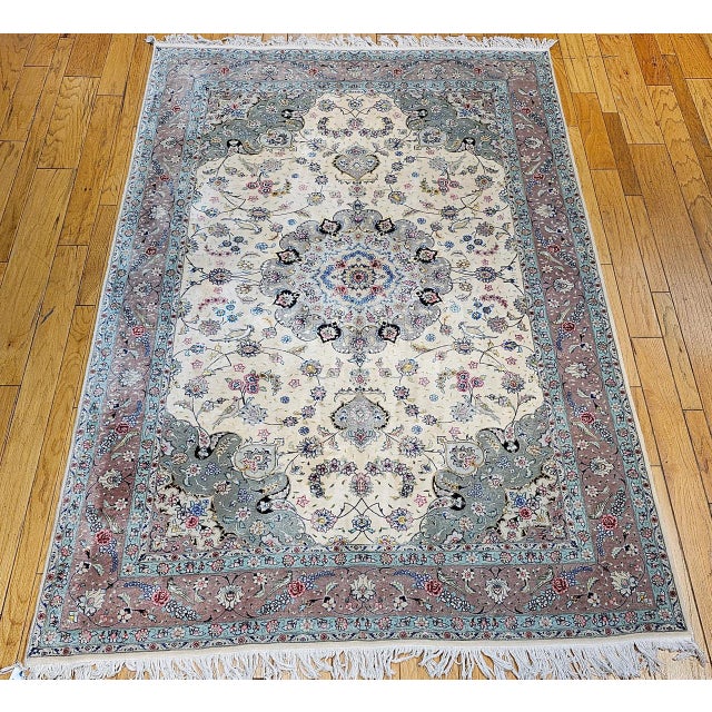 Vintage Persian Tabriz Rug, Hand-Knotted Wool & Silk, Fine Floral Pattern, Ivory & Taupe, 7x10 For Sale - Image 9 of 18