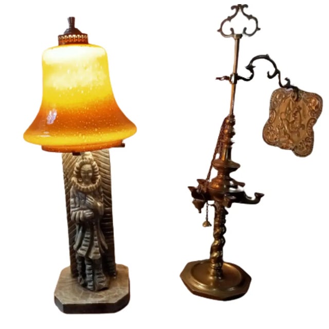 Alabaster lamp with Egyptian style carved figure. With murano glass lampshade. Vintage. Rewired and repaired following the...