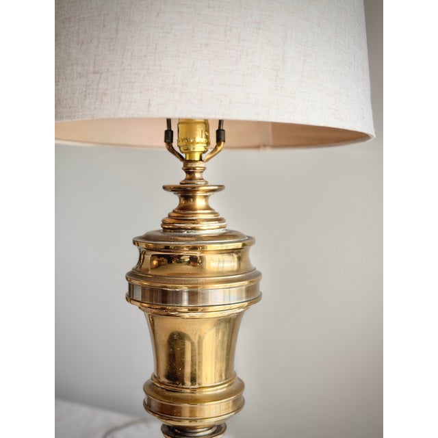 Substantially Large 32” Vintage Pair of Stiffel Solid Brass Hollywood Regency Urn Table Lamps With 10” Linen Shades For Sale - Image 10 of 12