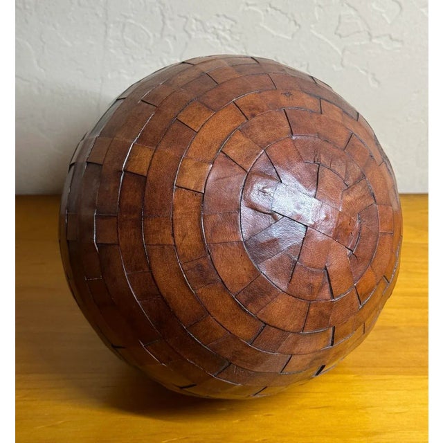 Vintage Large Basket Weave Leather Clad Wood Decor Ball Sphere Orb. The sphere has a significant weight (approx. 9.5 lbs.)...