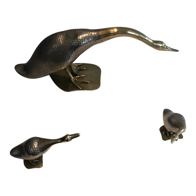 Circa 1970 French Silvered and Brass Duck and Her Ducklings - Set of 3 For Sale