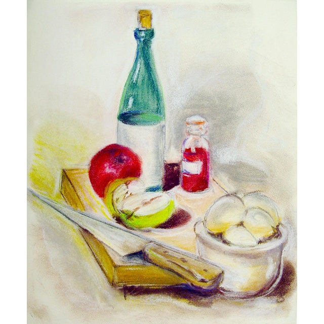 Wine and Apples Pastel Still Life Drawing For Sale - Image 4 of 4