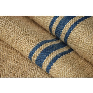 8 Yard Long Bolt Stair Runner Heavy Hemp Grain Sack Fabric Prussian Blue Stripes Antique Homespun Linen With Herringbone Weave For Sale