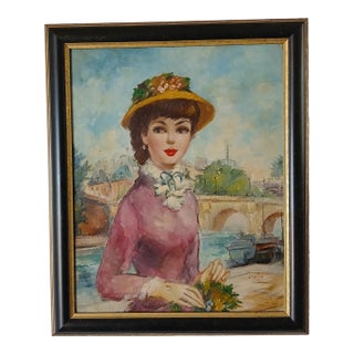 Gustave Cherie Young Lady in Paris Oil on Board Noted French Artist 1950s For Sale