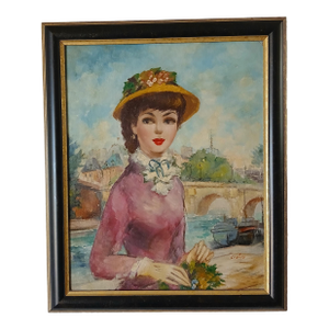 Gustave Cherie Young Lady in Paris Oil on Board Noted French Artist 1950s