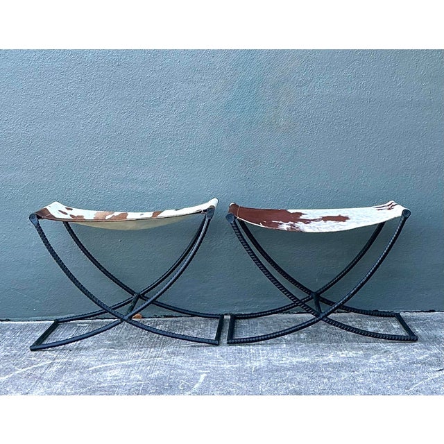 Contemporary Vintage Rebar Cowhide Sling Benches - A Pair For Sale - Image 3 of 12