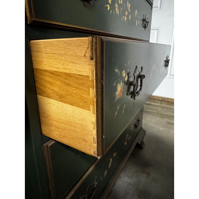 Vintage Drexel Dresser/Chest - Deep Green With Custom Chinoiserie-Inspired Hand-Painted Floral Lacquer Finish For Sale - Image 9 of 10