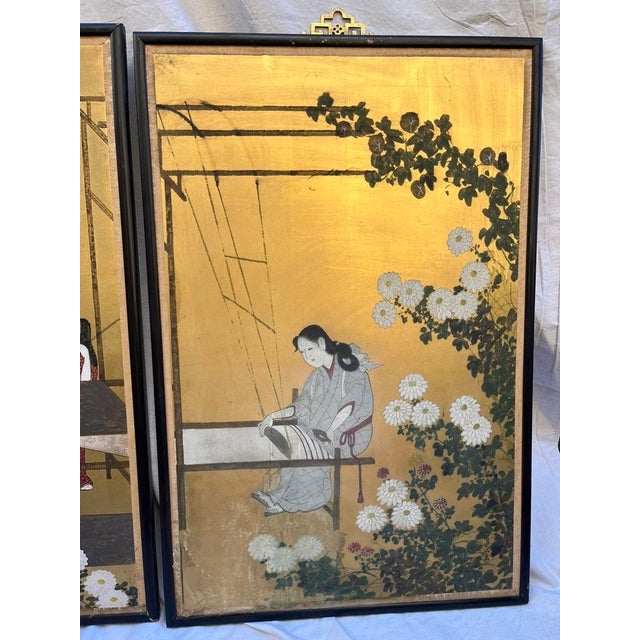 Chinoiserie Antique Japanese Hand Painted Panels a Pair For Sale - Image 3 of 12