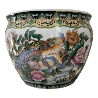 Vintage Chinese Green White Bird Motif Fish Bowl Porcelain Planter Garden Pot For Sale