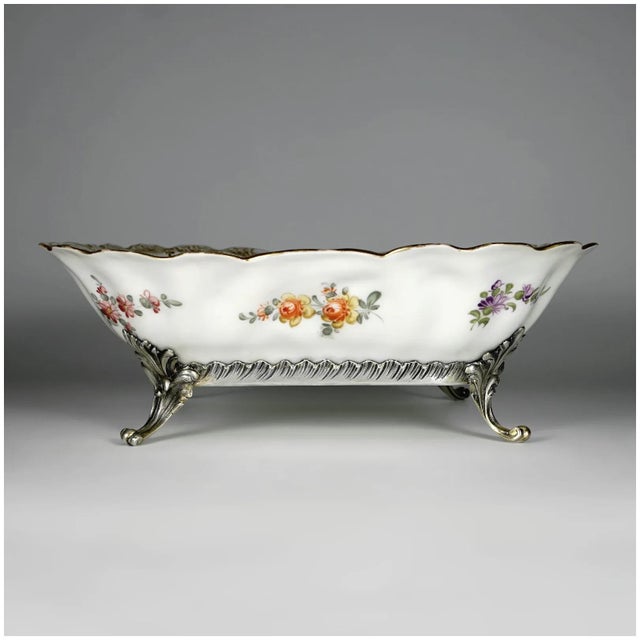 Antique French Sterling Silver & Continental Porcelain Bowl Hand Painted Flowers Gilt Scalloped Rim For Sale - Image 6 of 11