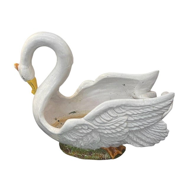 This striking vintage swan planter is a classic example of Italian Majolica-style pottery, characterized by its expressive...