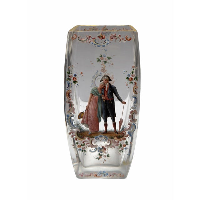 Antique J L Lobmeyr Austrian Enamel Decorated Crystal Vase Romantic Scene.