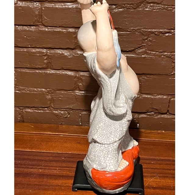 Early 20th Century Vintage 20" Porcelain Laughing Buddha Statue Crackle Glaze Figure For Sale - Image 5 of 6
