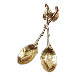 Antique Victorian Silver Gilt Naturalistic Leaf Spoons by Sebastian Crespell, 1842, Set of 2 For Sale