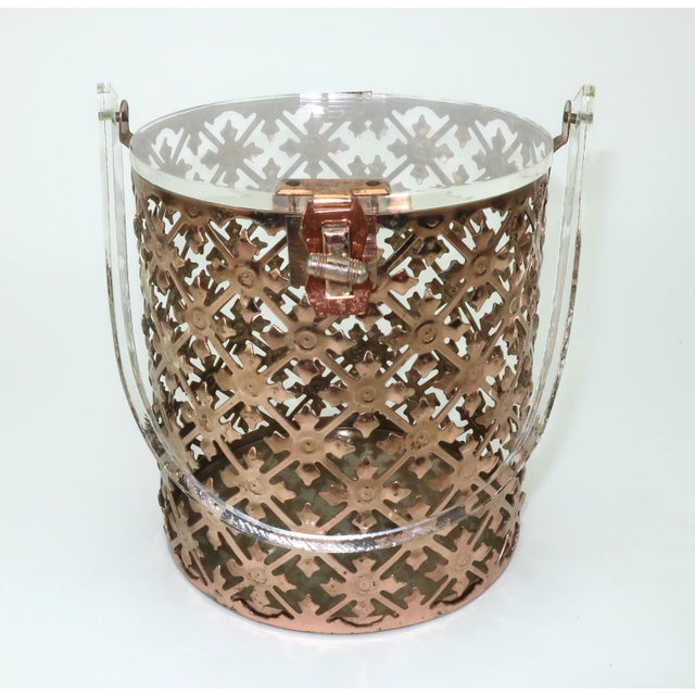 1950s Pierced Metal Filigree & Lucite Cylinder Box Handbag, 1950's For Sale - Image 5 of 14
