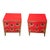 Beautiful pair of bedside tables entirely handmade; wooden structure covered in red glass, enriched by a tubular brass...