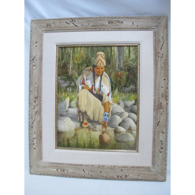 Yellow Roger Cooke Pacific Nw Signed Framed Native American Oil Painting River Woman For Sale - Image 8 of 8