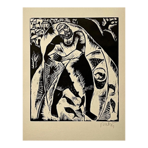 Reuven RubinRare 1923 Cubist Reuven Rubin Woodcut Woodblock Fisherman Print Israeli Judaica, 1923