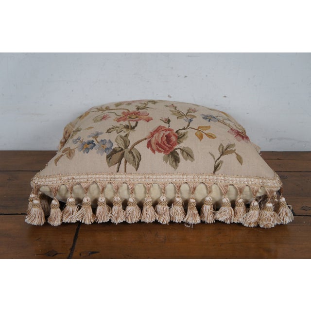 Textile Late 20th Century Embroidered Pink & Blue Floral Down Filled Throw Pillow With Tassels For Sale - Image 7 of 10
