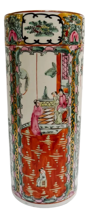 Vintage Chinese Rose Medallion Cylindrical Porcelain Vase