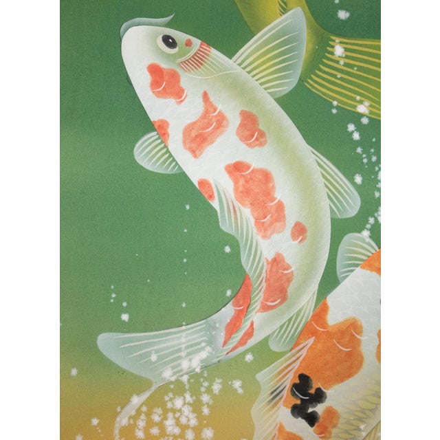 Kelly Green "Dancing Carps" by Akimitsu Sataka, Japanese Silk Scroll Painting in Original Wooden Case For Sale - Image 8 of 18