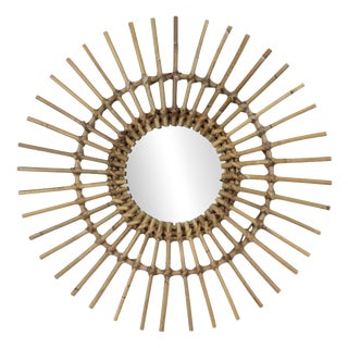 Mid-Century Rattan and Bamboo Sunburst Mirror, France, 1960s For Sale