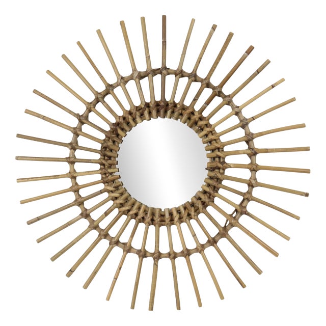 Mid-Century Rattan and Bamboo Sunburst Mirror, France, 1960s For Sale