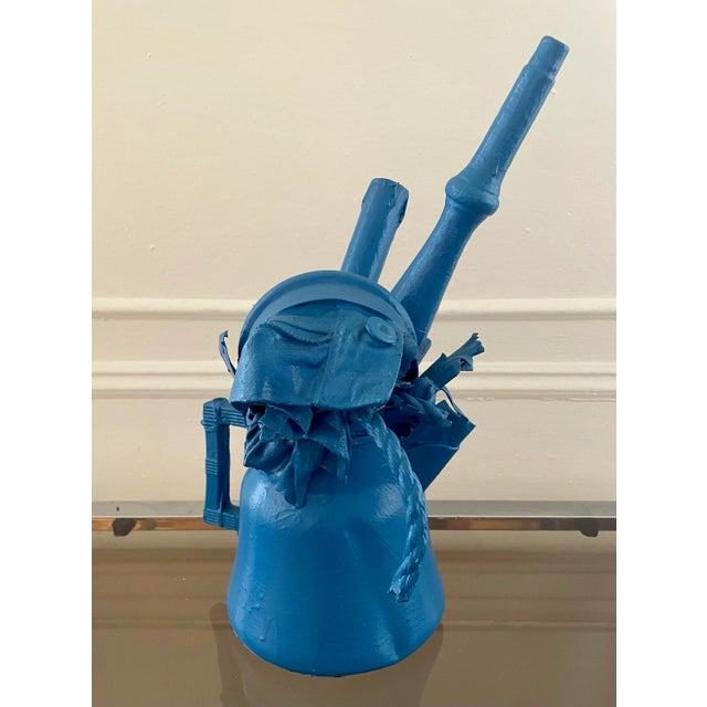 2010s Vintage Folk Art Painted Blue Assemblage Artist Piece Kettle For Sale - Image 5 of 6