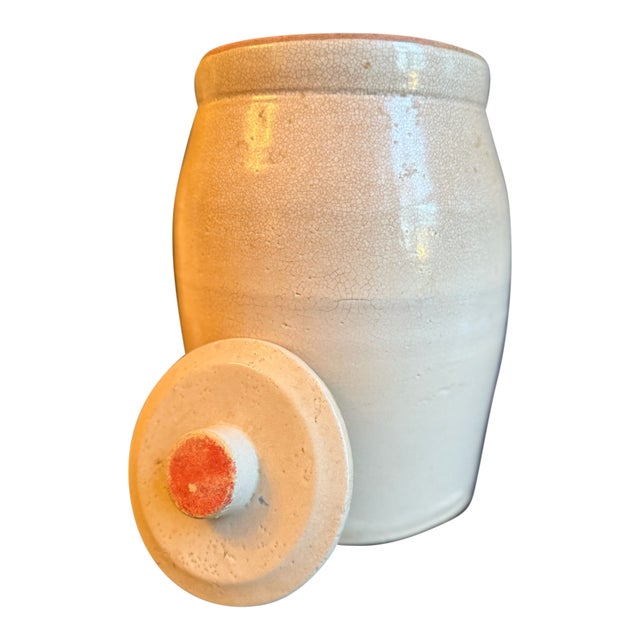 Antique Off White Salt Glazed Crock With Lid For Sale