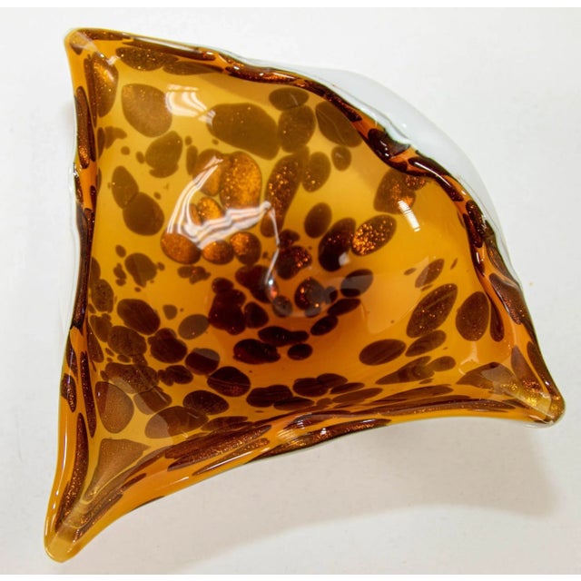 Murano Art Glass Manta Ray leopard, tortoise spotted bowl in amber and a dark espresso-brown colors and gold copper...