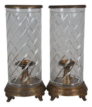 Late 20th Century Castilian Imports Brass Cut Crystal Pillar Hurricane Candle Holders- a Pair