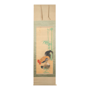 Meiji to Showa Era Japanese Painted Scroll "Bamboo and Rooster"