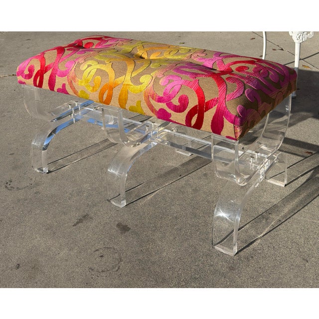 Scalamandre Cut Velvet Upholstered Phyllis Morris Lucite Bench.