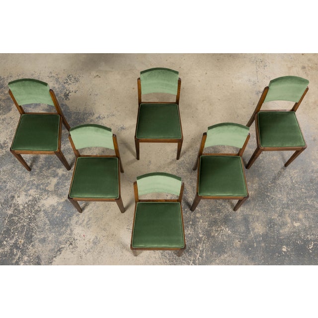 Art Deco 1930s French Art Deco Oak Dining Chairs in Green Velvet - Set of 6 For Sale - Image 3 of 18
