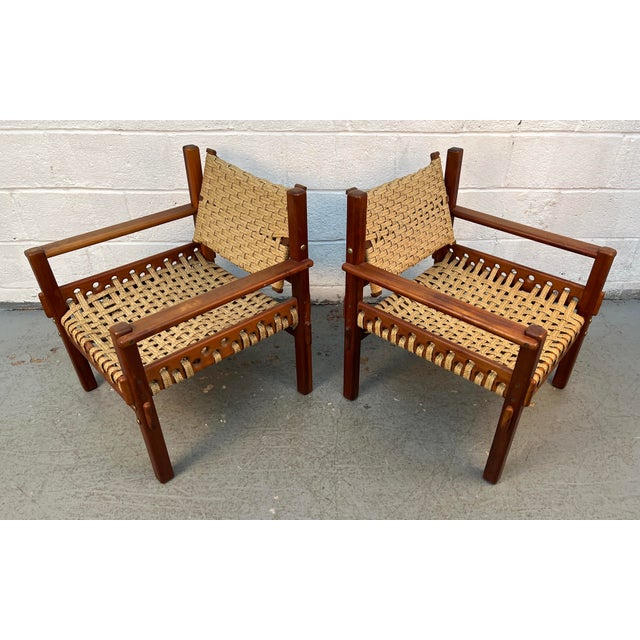 Mid-Century Modern Pair of Mid-Century Teak Danish Woven Raffia Lounge Chairs For Sale - Image 3 of 10